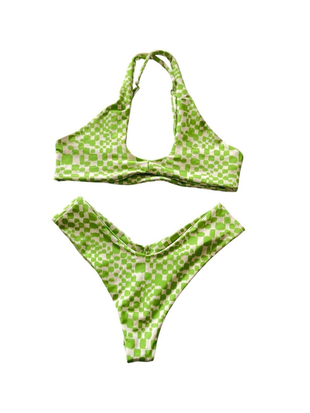 Skatie Funky Checker Board Jasmine Top Josie Bottoms Swim Bikini Set Green L/M